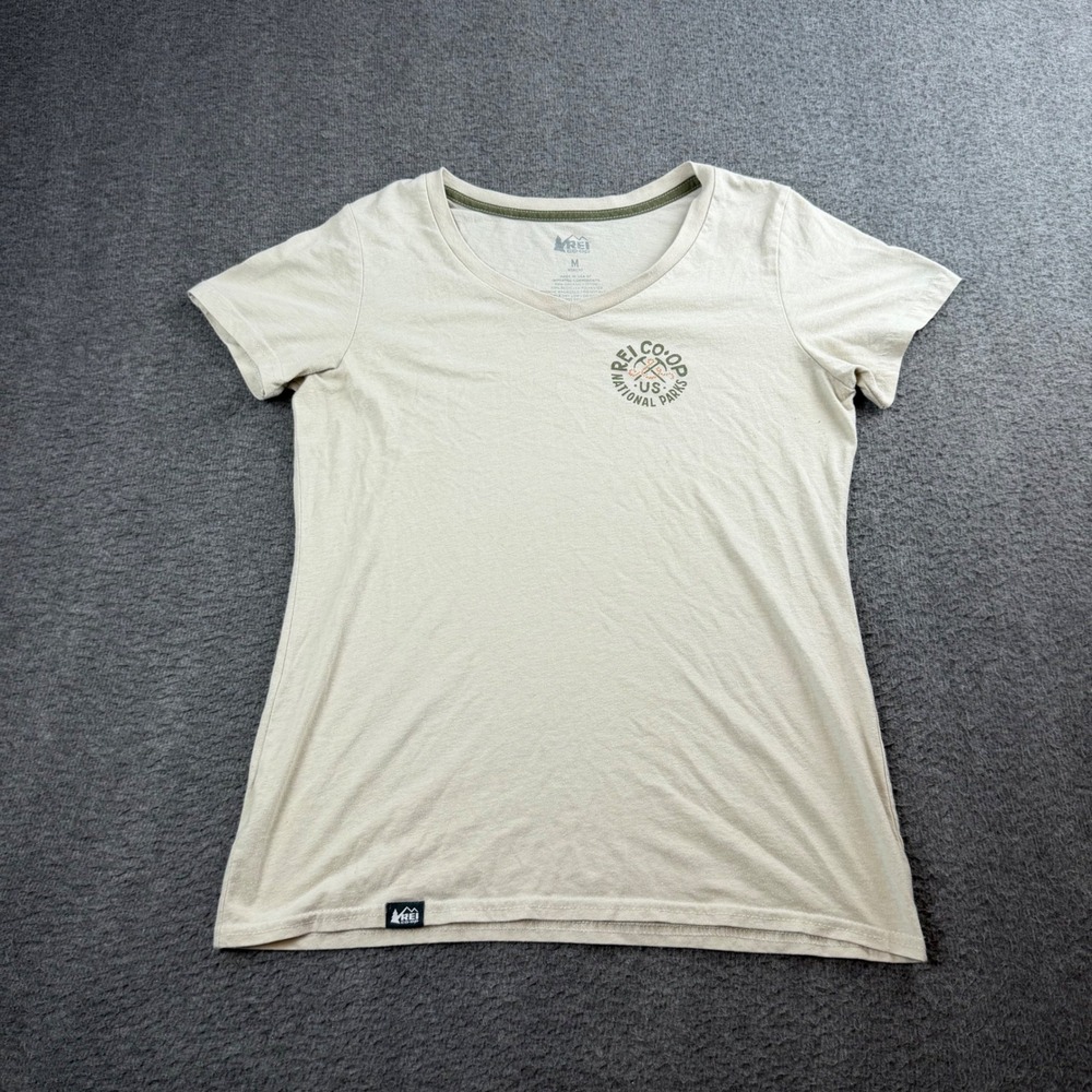 REI Co-op Graphic T-Shirt Womens Size M Beige National Parks V-Neck Cotton Blend